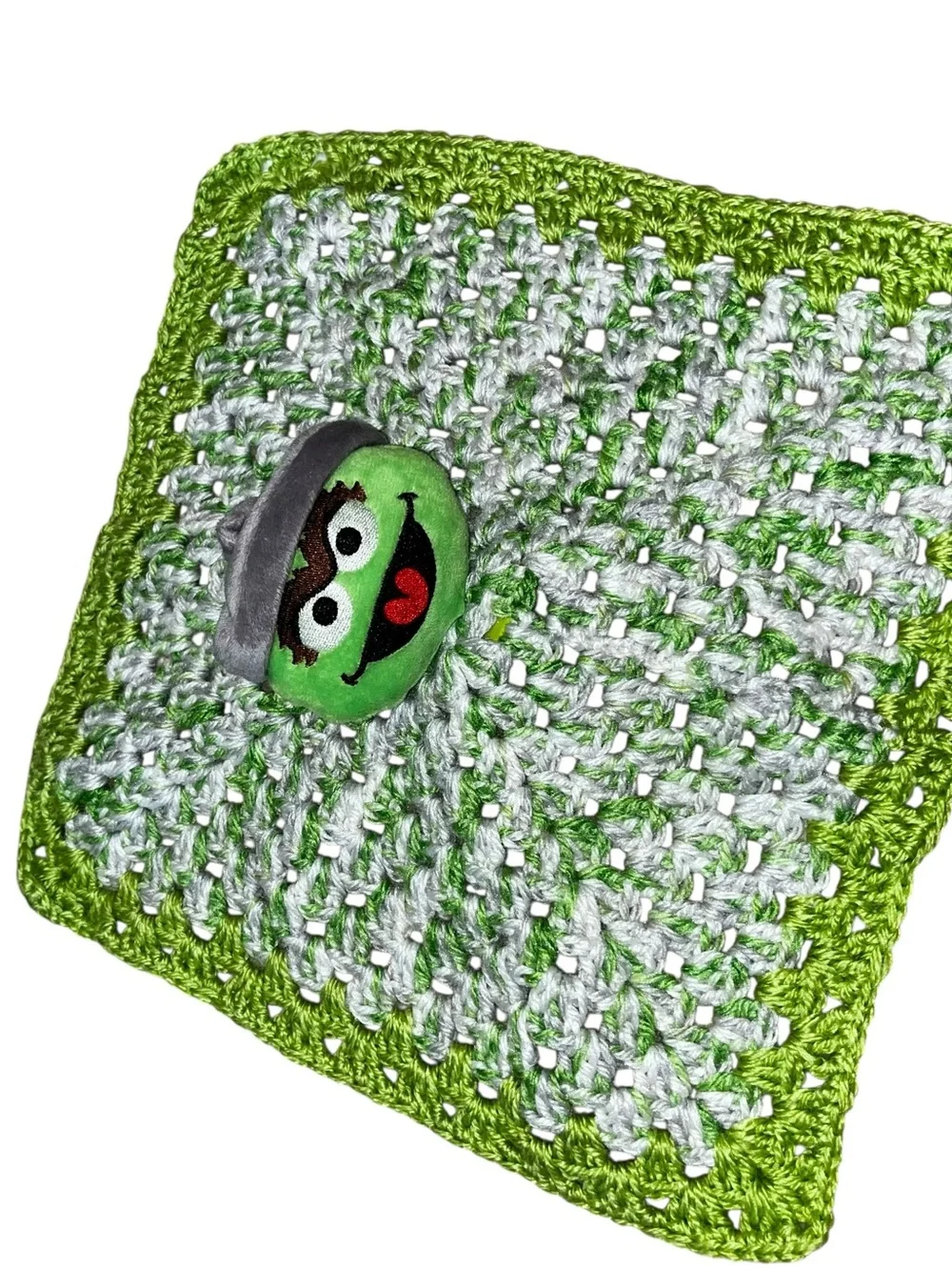 Oscar the grouch sesame Street, handmade crochet baby lovey blanket green white